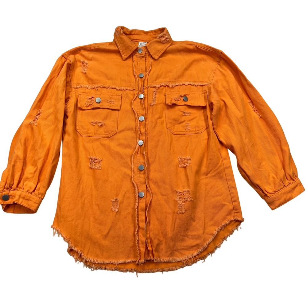 Denim Shacket Womens L Orange Edgy Distressed Frayed Hem Snap Button Jacket